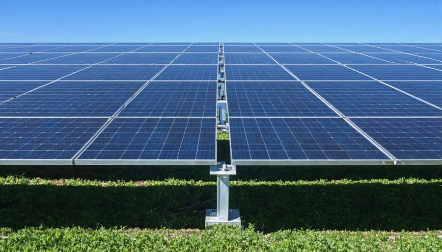 Aerial view of industrial warehouse with comprehensive rooftop solar panel installation