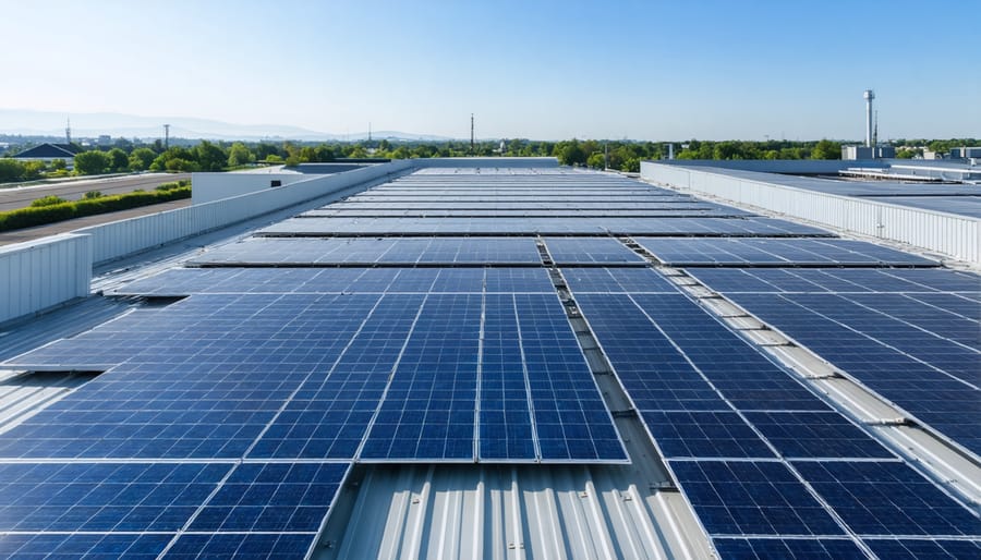 Aerial view of industrial facility rooftop covered with solar panel installation