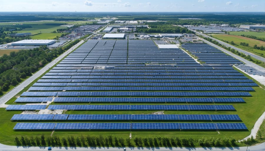 Modern industrial park with extensive solar installations on buildings and parking structures