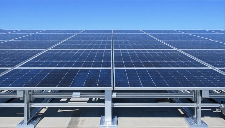 Manufacturing facility with large-scale commercial rooftop solar panel installation at sunset