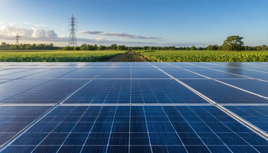 Industrial manufacturing facility with solar microgrid visible through windows
