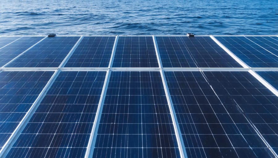 Maritime engineer inspecting solar panel installation on commercial vessel deck