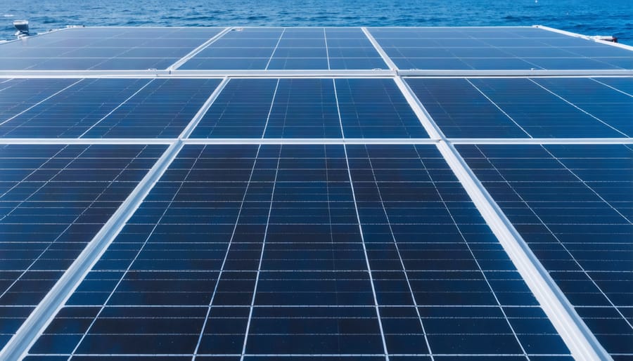 Close-up of marine solar panel showing corrosion-resistant frame and weatherproof construction