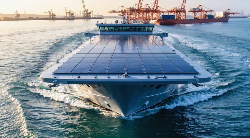 Modern cargo-ferry hybrid ship with large solar panels across its upper deck, photographed from above the starboard bow at golden hour, with blurred port cranes and coastline in the background over calm blue water.