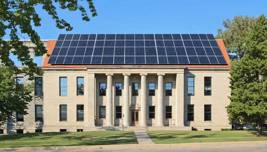Modern municipal government building exterior with American flag