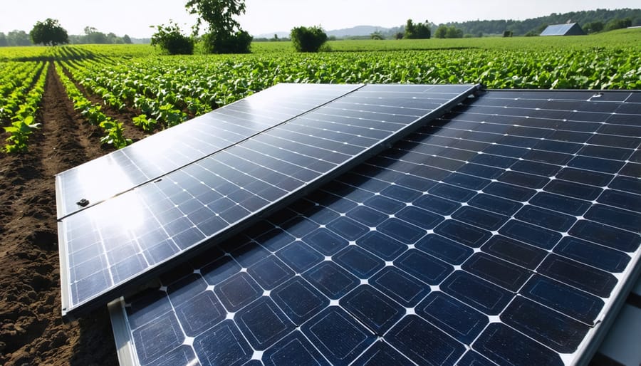 Solar panels powering irrigation equipment in remote agricultural field