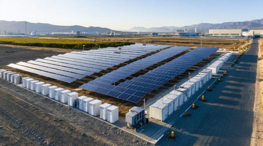 Commercial off-grid solar array with white battery storage containers beside an industrial facility at sunset, with distant buildings and hills in the background.