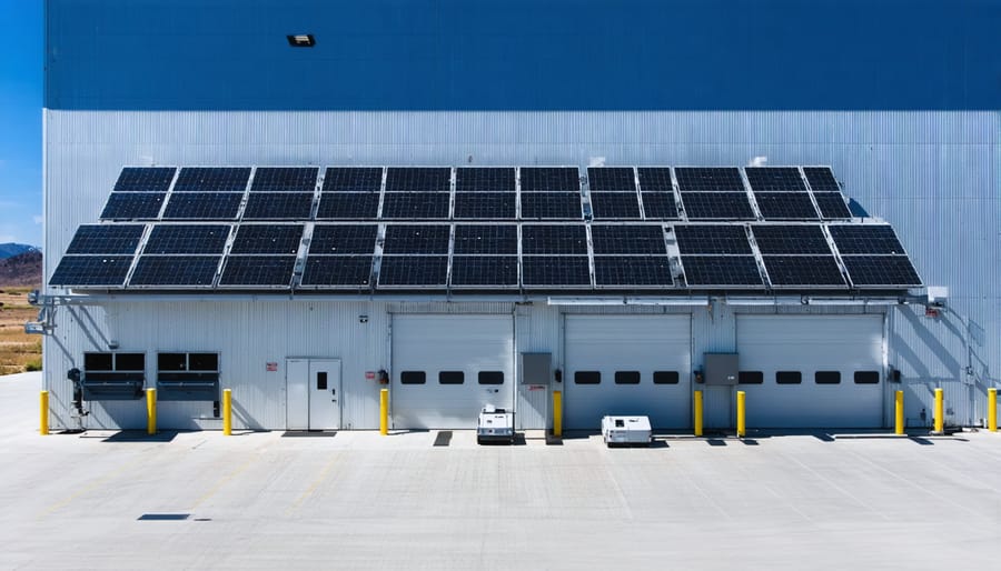 Remote manufacturing facility with rooftop solar panels and battery storage building