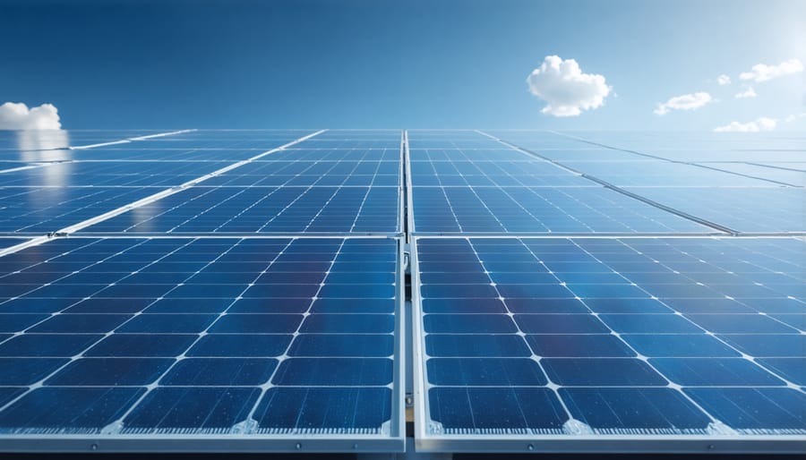 Business professionals conducting solar energy trading agreement at commercial solar facility