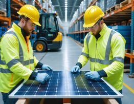 Two workers in high-visibility vests and hard hats inspect a decommissioned solar panel on a workbench inside a PV recycling facility, with stacked panels, a conveyor line, and bins of sorted glass and aluminum softly blurred in the background under skylight daylight.