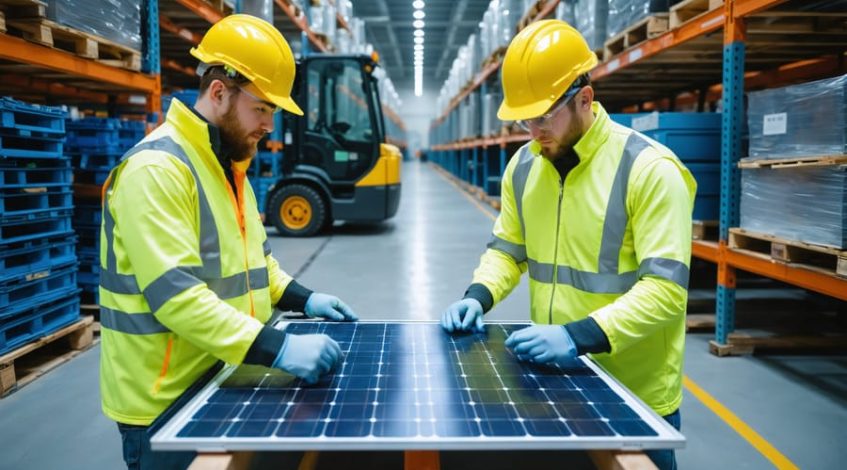 Two workers in high-visibility vests and hard hats inspect a decommissioned solar panel on a workbench inside a PV recycling facility, with stacked panels, a conveyor line, and bins of sorted glass and aluminum softly blurred in the background under skylight daylight.