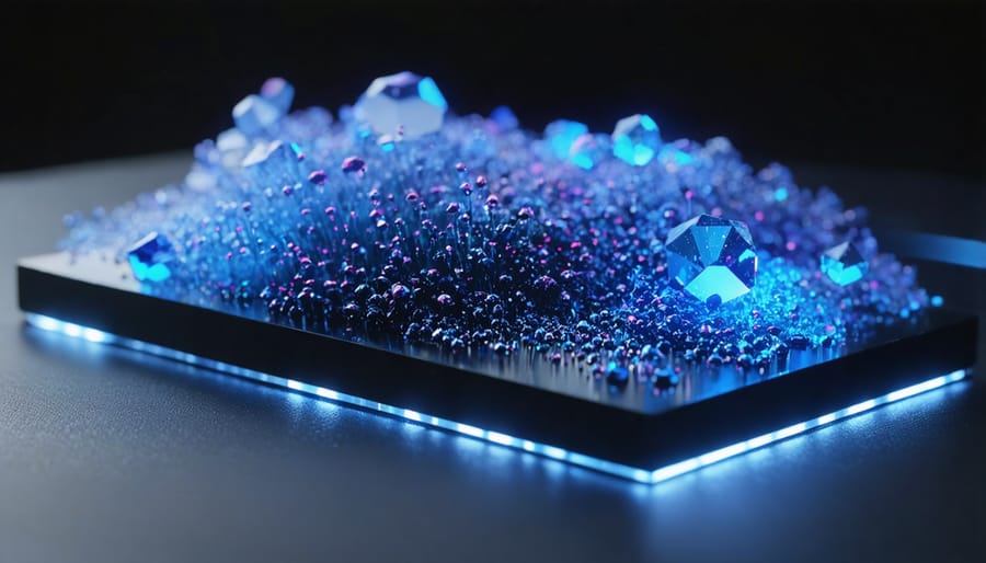 Close-up of quantum dot nanocrystals on silicon wafer showing iridescent color patterns