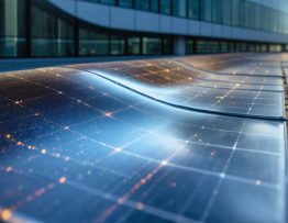 Close-up of a flexible quantum dot solar film with iridescent surface on a building facade, with blurred rooftop solar panels and a city skyline at golden hour.
