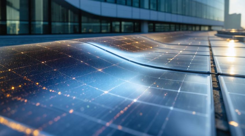 Close-up of a flexible quantum dot solar film with iridescent surface on a building facade, with blurred rooftop solar panels and a city skyline at golden hour.