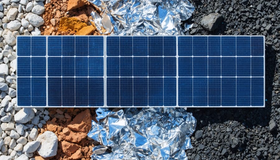 Close-up of separated recyclable components from solar panels including silicon, copper, and aluminum