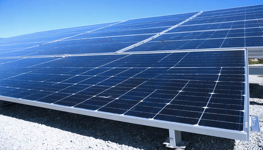 Large solar panel array installed in remote mountain desert terrain