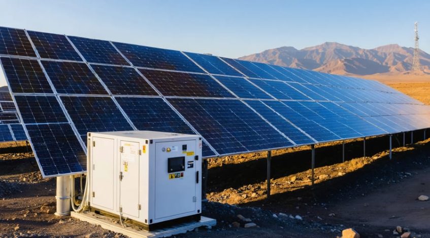 Wide view of a rocky plateau with a field of solar panels and a white battery storage container beside a small antenna mast, illuminated by golden hour light, with mountains and a dirt track in the background