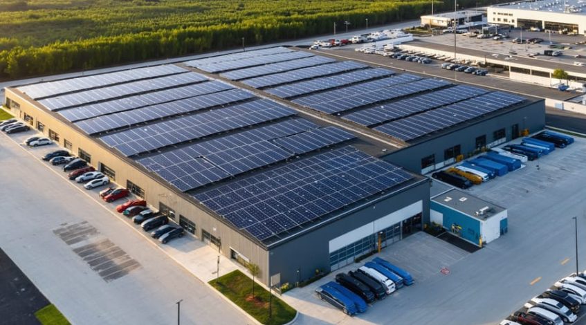 Oblique aerial view of a commercial building with rooftop solar panels and containerized battery storage, with distant transmission lines and a faint city skyline at golden hour.