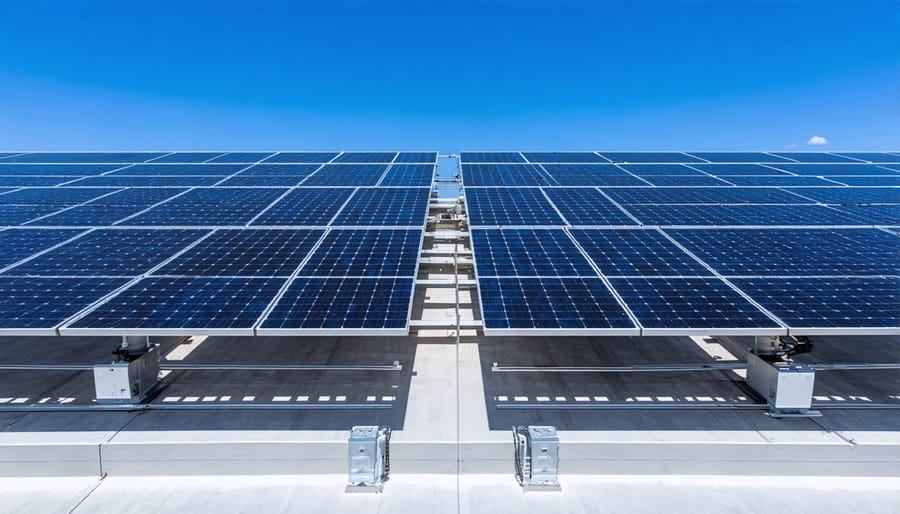 Commercial building rooftop with solar panel array and battery storage units