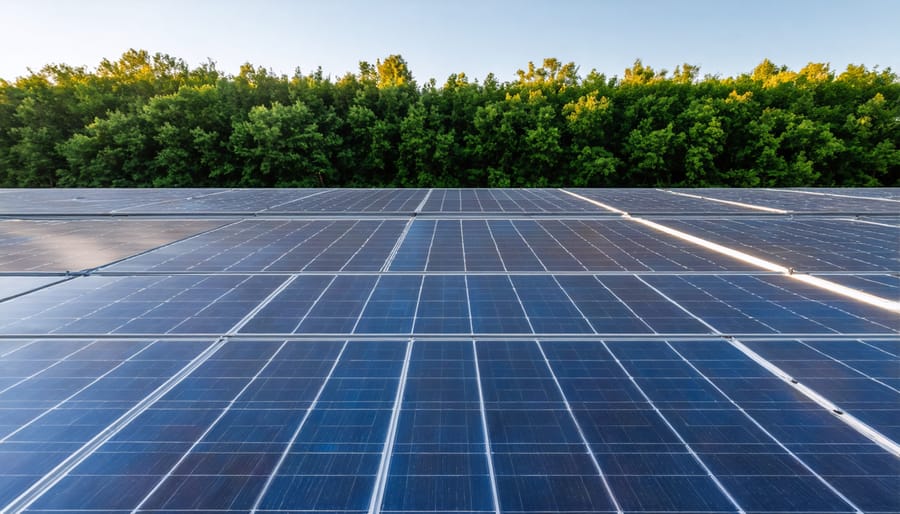 Students observing school rooftop solar panel installation during educational tour