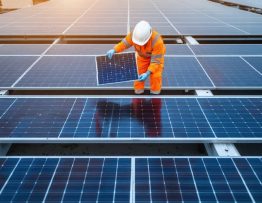 Technician in safety gear holding a slightly weathered solar panel next to a rooftop array of reused modules at golden hour, with additional panels and unlabeled pallets softly blurred in the background.