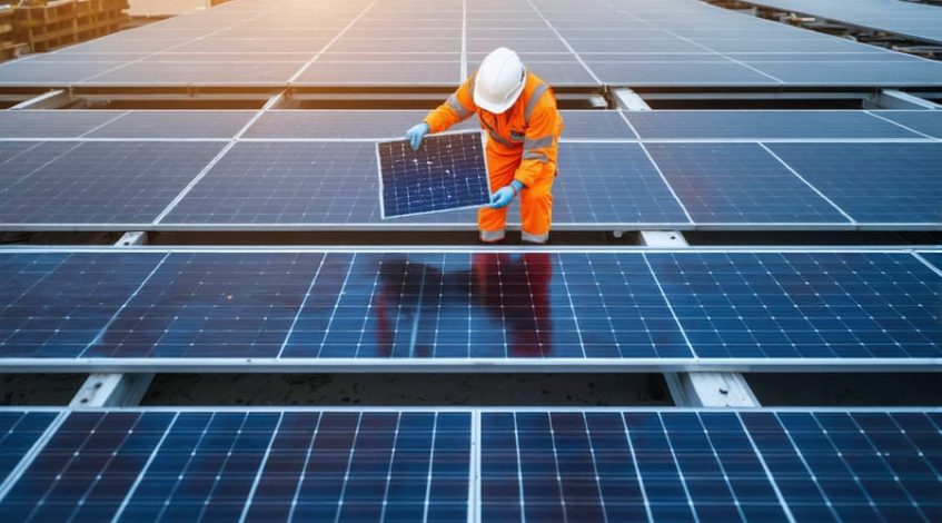 Technician in safety gear holding a slightly weathered solar panel next to a rooftop array of reused modules at golden hour, with additional panels and unlabeled pallets softly blurred in the background.
