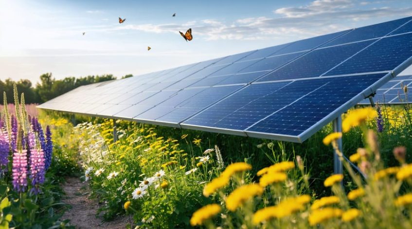 Low-angle view of solar panels over a native wildflower meadow with a monarch butterfly and honeybee, plus a clear wildlife corridor path along the array edge at golden hour; soft-blurred trees and hills in the distance.