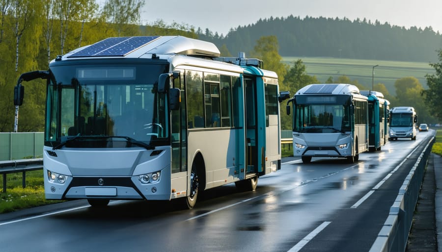 Solar-powered bus with rooftop solar panels operating during emergency response scenario