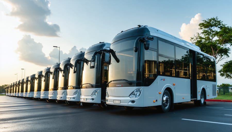 Technician performing maintenance inspection on solar-powered bus battery systems