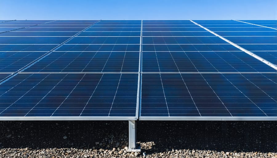 Business professional reviewing solar investment data with solar panels visible in background