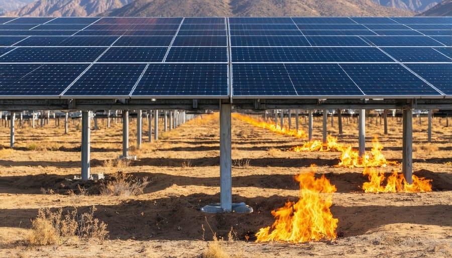 Aerial view of solar farm with cleared defensible space buffer zone surrounding panels
