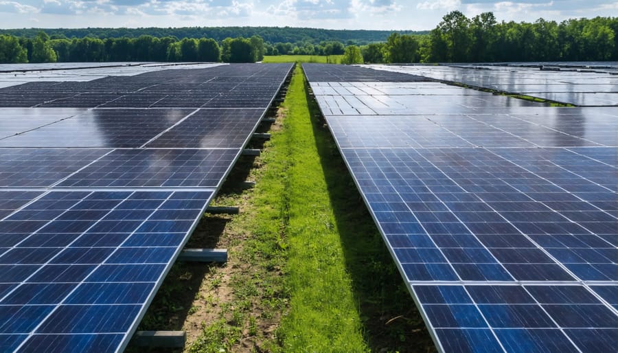Aerial view of solar farm with green vegetation corridors between panel arrays