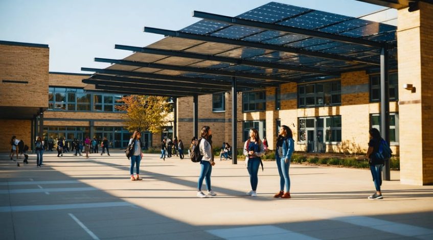 Students and a teacher under a solar panel canopy in a school courtyard, looking up and discussing the installation in warm golden light with campus buildings softly blurred in the background.