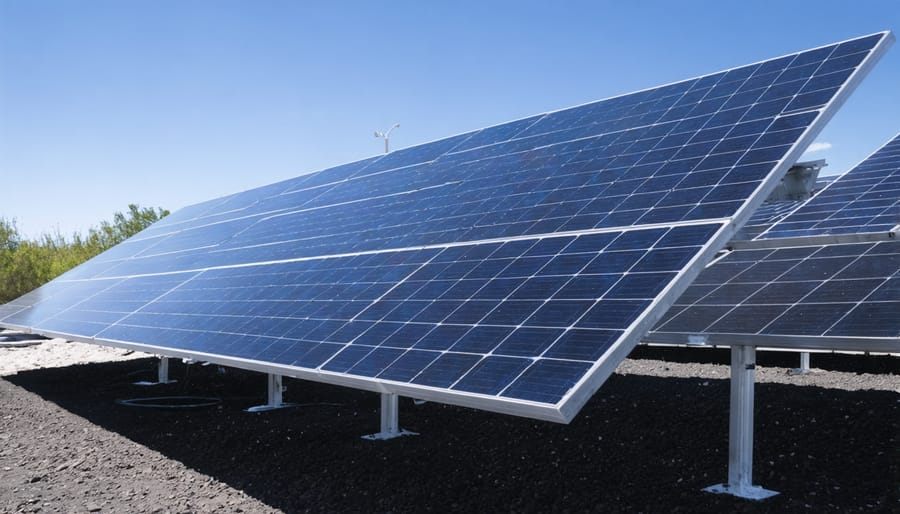 Stacked decommissioned solar panels at industrial recycling facility