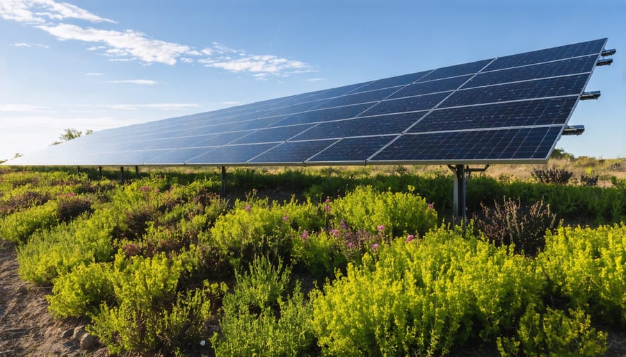 Solar panel array surrounded by native wildflowers and grasses in natural landscape