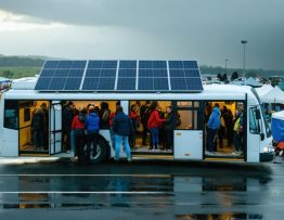 Solar-powered bus with roof panels picking up evacuees near temporary shelter tents after a storm, golden light on wet streets, with utility trucks and debris softly blurred in the background.