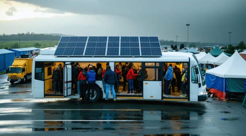 Solar-powered bus with roof panels picking up evacuees near temporary shelter tents after a storm, golden light on wet streets, with utility trucks and debris softly blurred in the background.