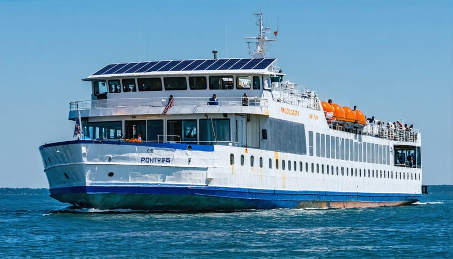 Modern passenger ferry with rooftop solar panels traveling through coastal waters