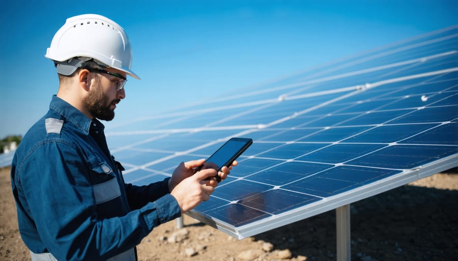 Technician monitoring solar panel system with tablet in remote location