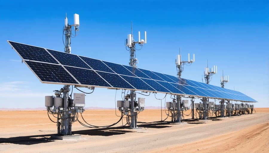 Telecommunications tower powered by solar panels in remote rural location