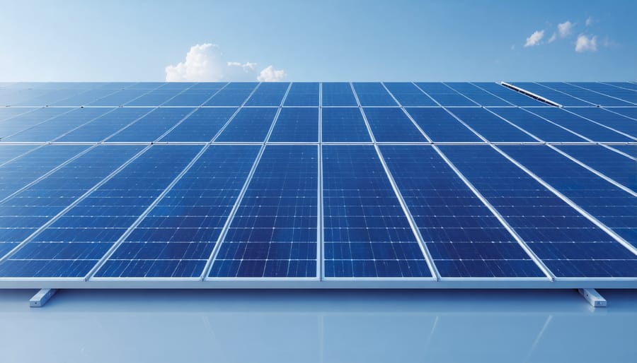 Commercial solar panel array on rooftop with security concept visualization