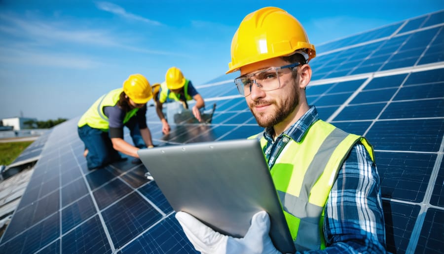 Student in safety gear learning about solar installation from industry technician