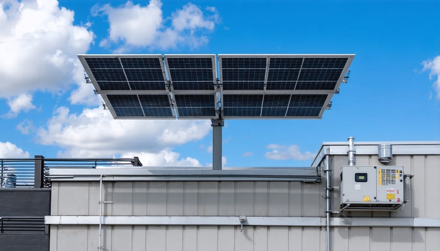 Commercial office building rooftop with modern solar panel installation in urban setting