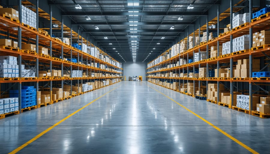 Interior of industrial warehouse with skylights and translucent solar roof panels allowing natural light
