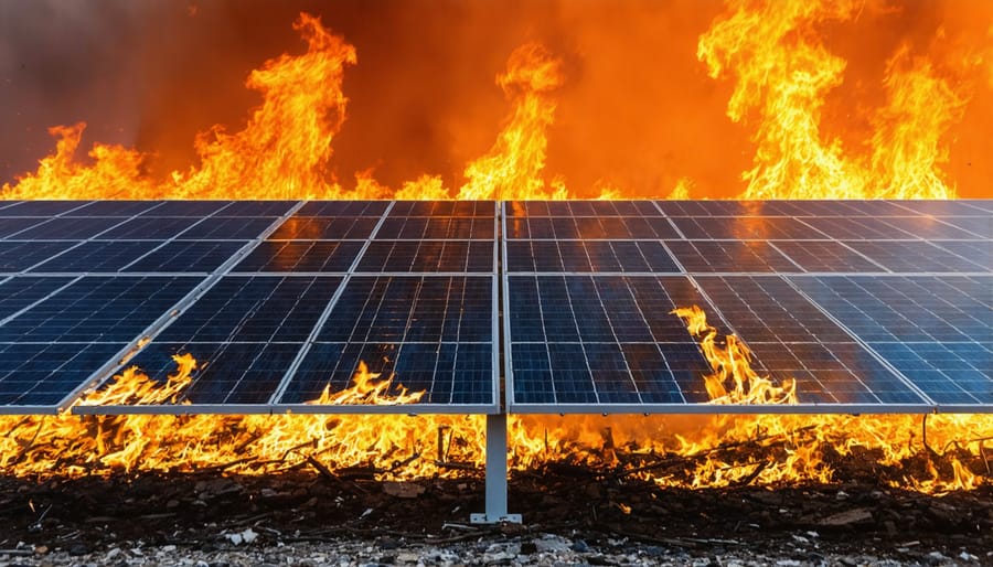 Fire-damaged commercial solar panel array with charred equipment and burnt landscape