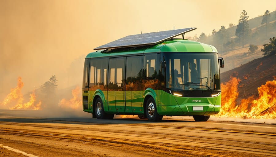 Solar-powered buses evacuating residents during wildfire emergency on coastal highway