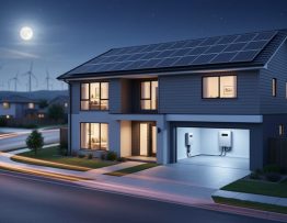 Modern house at night with rooftop solar panels and a softly glowing wall-mounted battery in the garage, cool blue moonlight outside and warm interior window light, with faint wind turbines in the blurred background suggesting quiet, efficient AI-driven energy management.