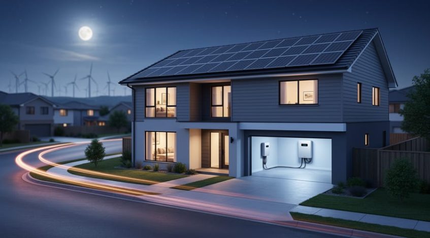 Modern house at night with rooftop solar panels and a softly glowing wall-mounted battery in the garage, cool blue moonlight outside and warm interior window light, with faint wind turbines in the blurred background suggesting quiet, efficient AI-driven energy management.