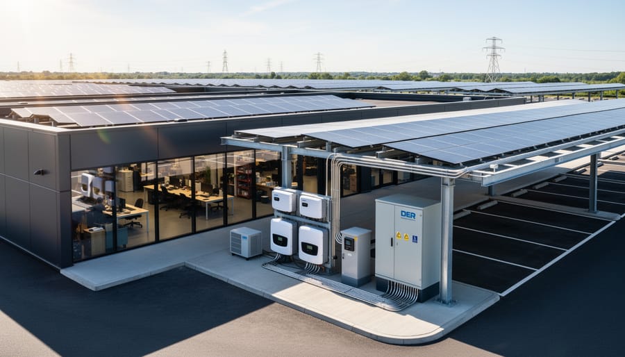 Commercial rooftop solar panel installation with inverter equipment and grid infrastructure
