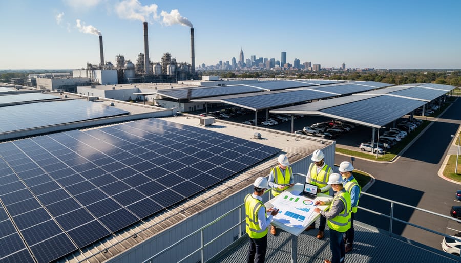 Aerial view of commercial building with extensive rooftop solar panel installation